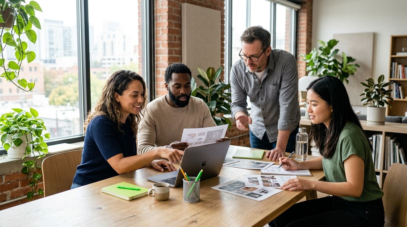 A small team working together in a calm studio setting