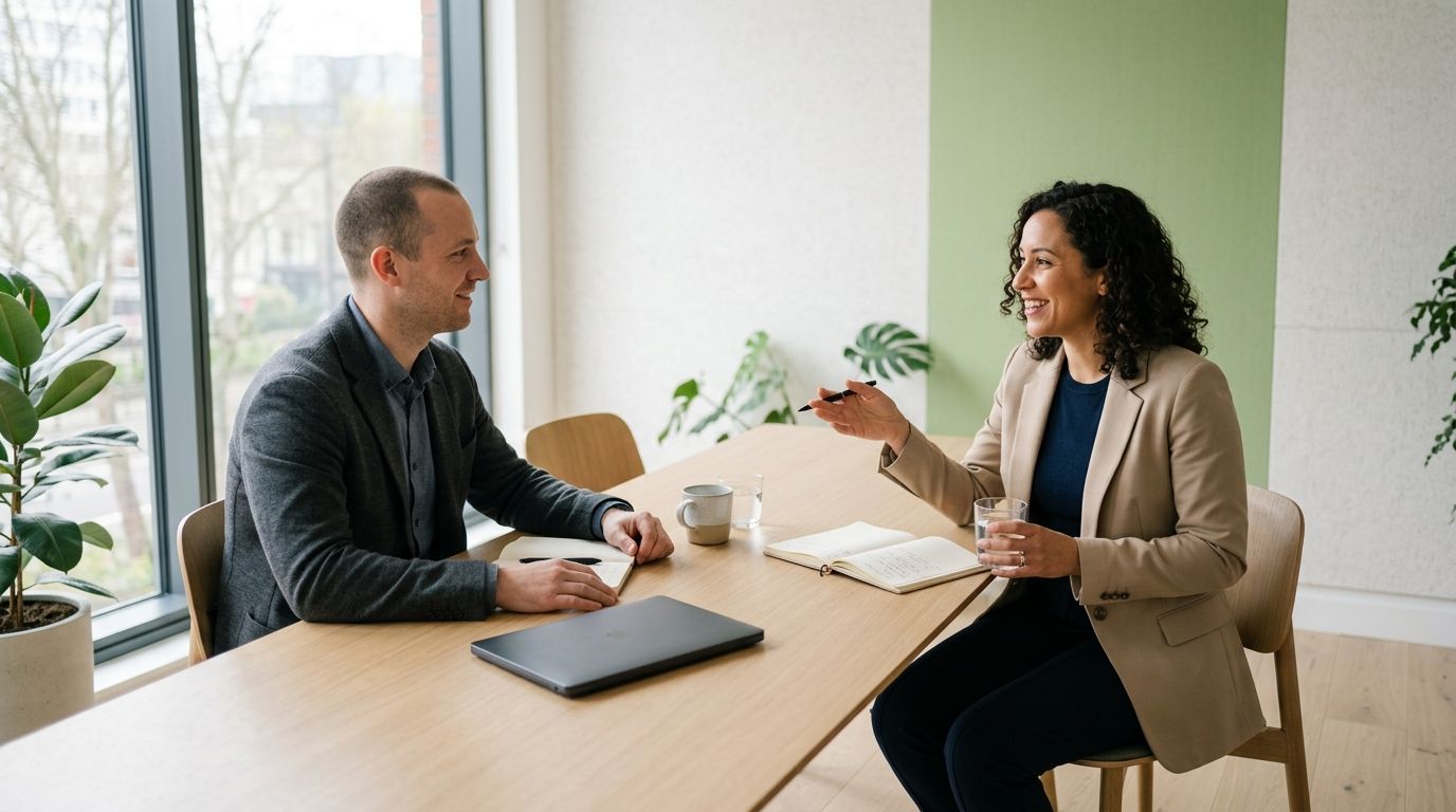 A warm professional project conversation in a real workspace