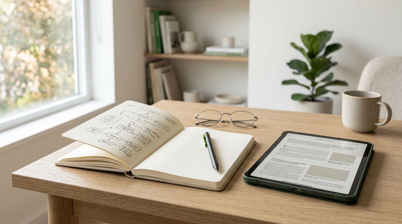 A composed editorial workspace used for research and planning.