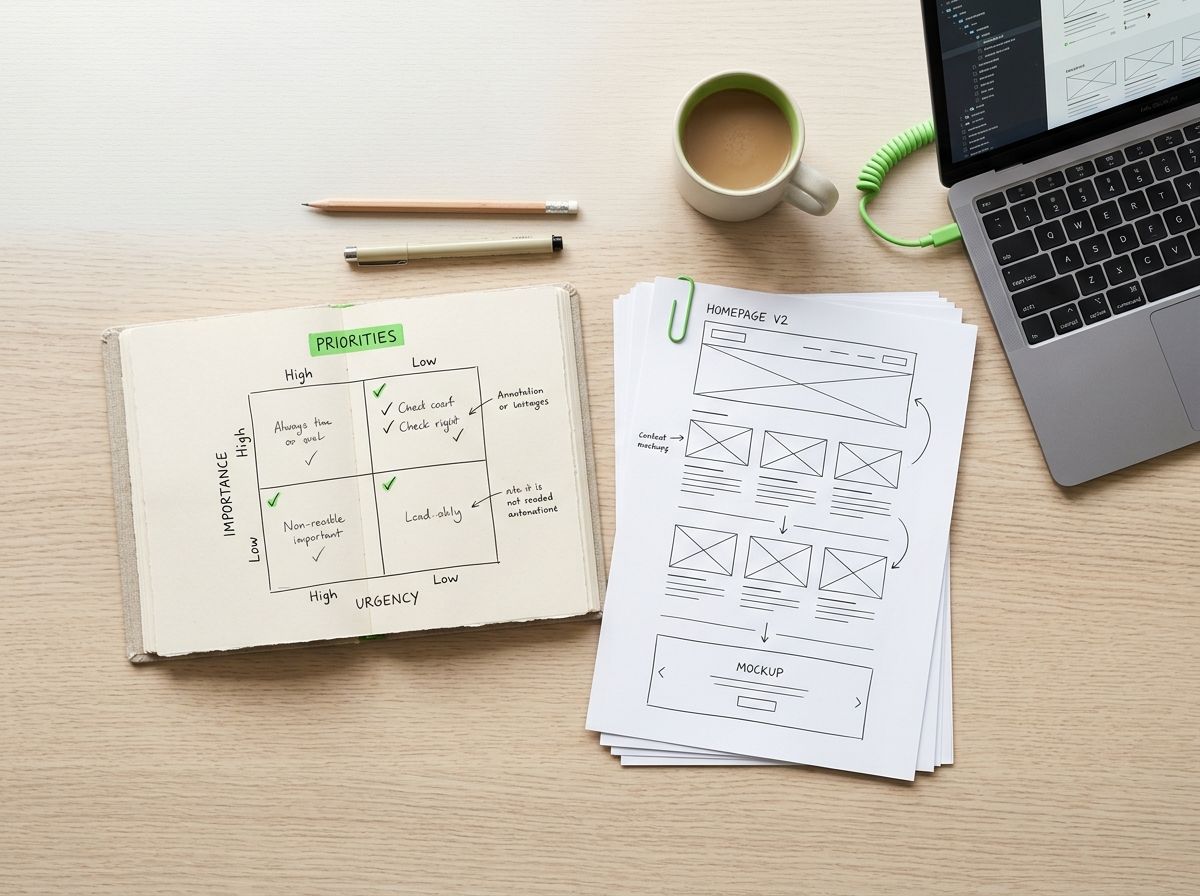 A website planning notebook showing a thoughtful prioritization process.