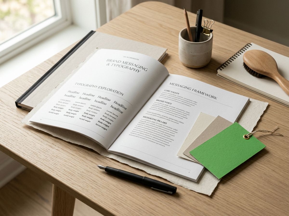 Brand and messaging materials arranged for review