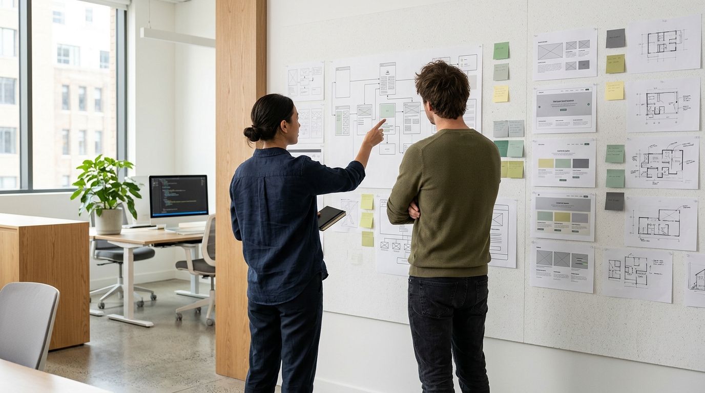 A studio review wall being carefully evaluated during a digital engagement.